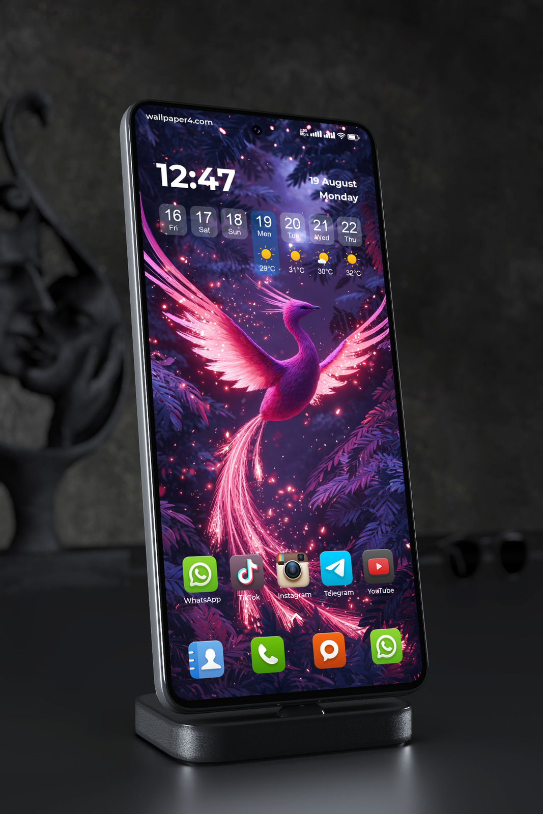 Phone Wallpaper 6088 - Glowing Pink Phoenix in a Mystical Night Forest