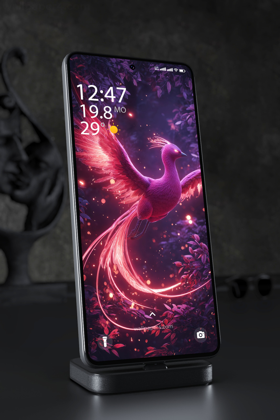 Mobile Wallpaper 6088 - Glowing Pink Phoenix in a Mystical Night Forest