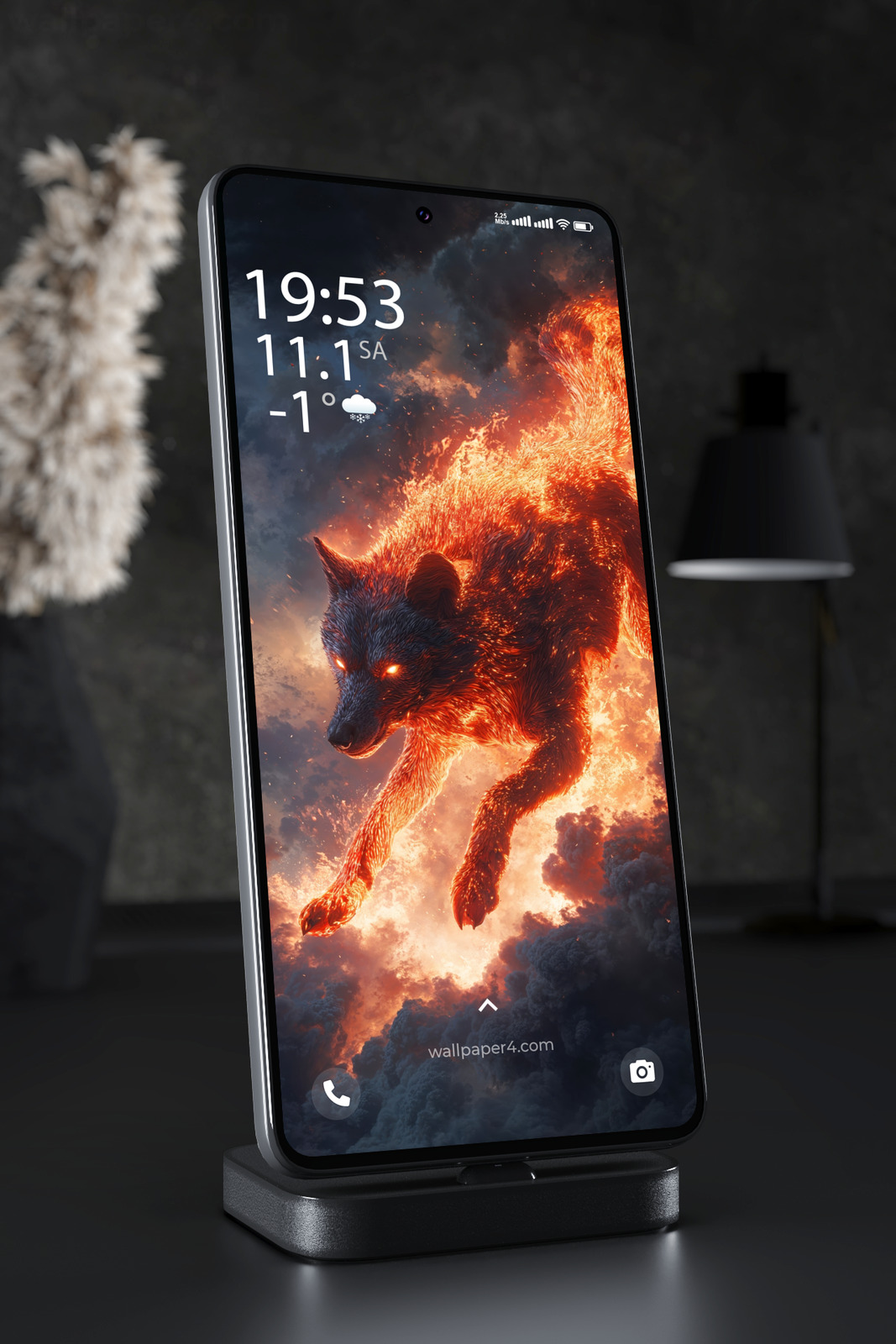 Phone Wallpaper 6091 - Blazing Fire Wolf in a Dark Stormy Sky