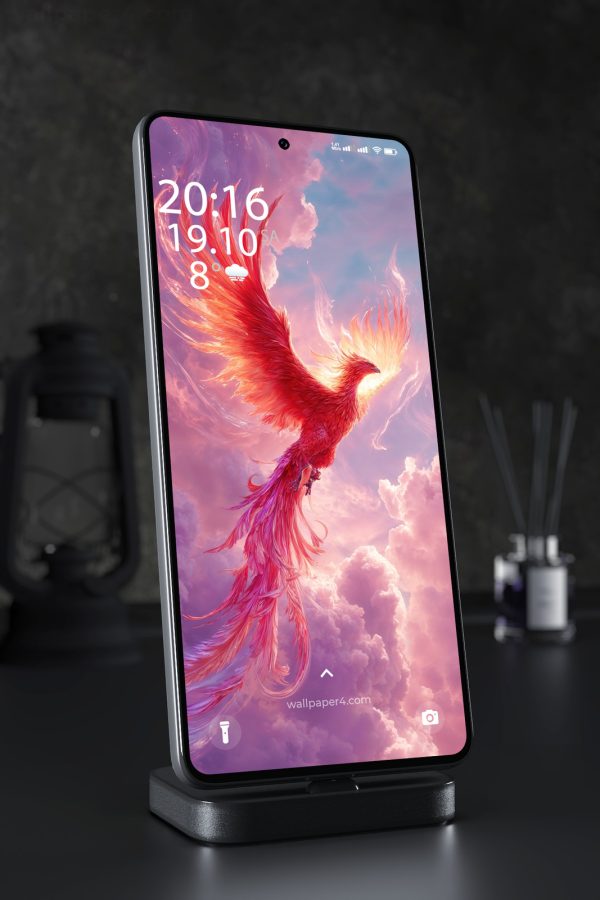 Phone Wallpaper 6099 - Fiery Phoenix Rising Through Dreamy Pink Clouds