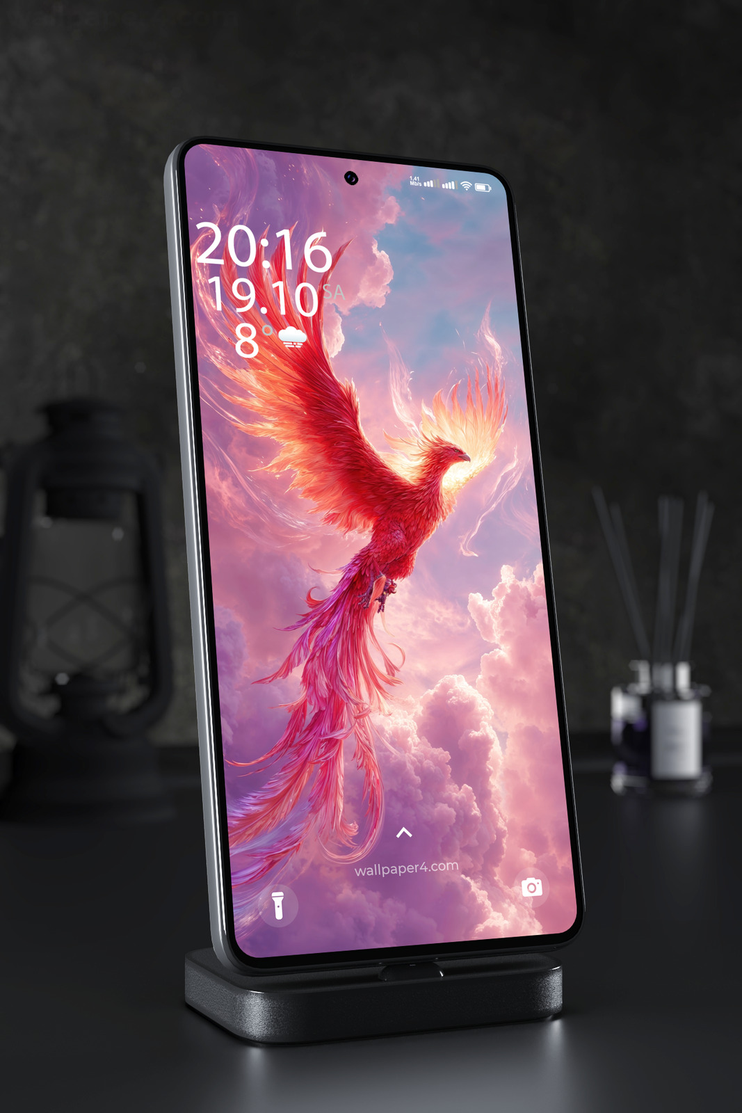 Phone Wallpaper 6099 - Fiery Phoenix Rising Through Dreamy Pink Clouds