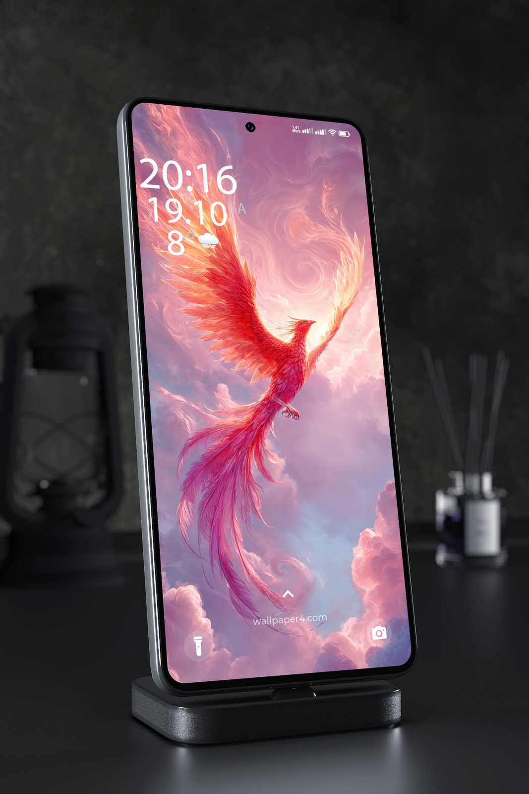 Mobile Wallpaper 6099 - Fiery Phoenix Rising Through Dreamy Pink Clouds