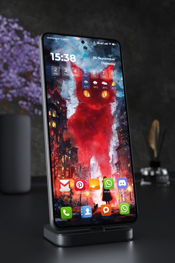 Phone Wallpaper 6136 - Crimson Demon Cat in a Dark Gothic City