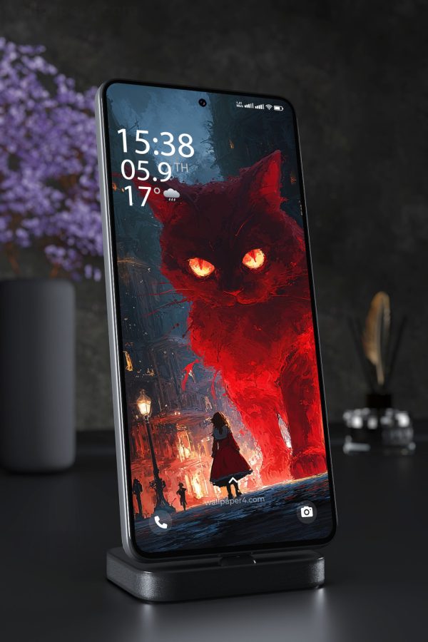 Mobile Wallpaper 6136 - Crimson Demon Cat in a Dark Gothic City