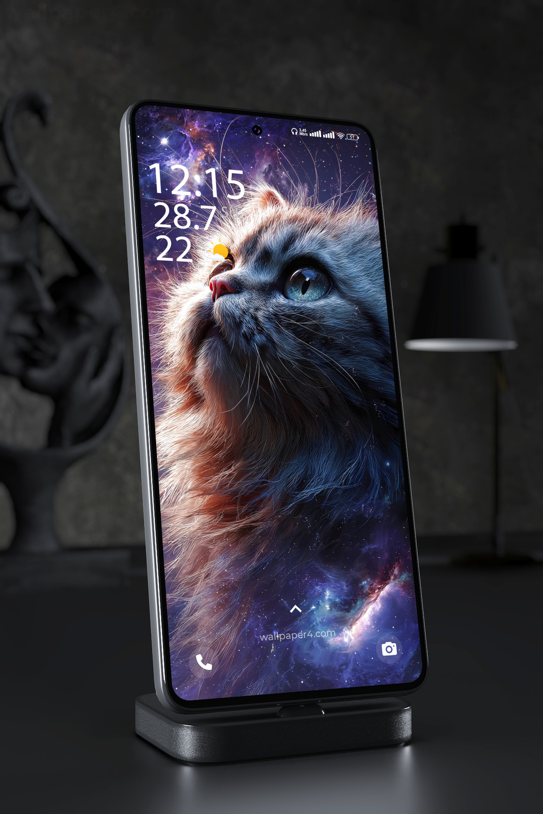 Phone Wallpaper 6139 - Cosmic Black Cat Beneath a Colorful Galaxy