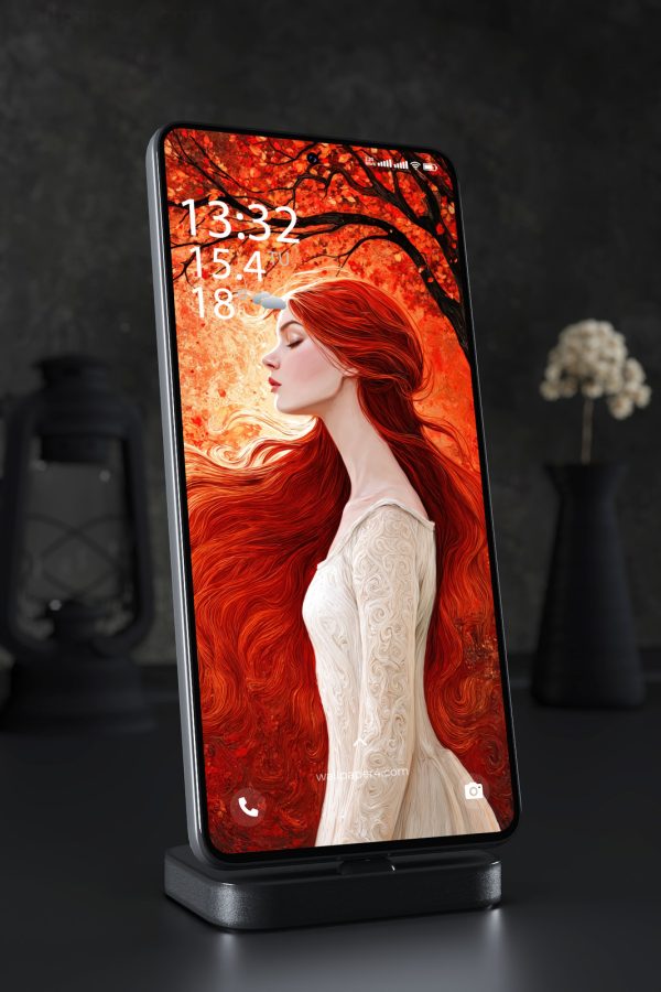 Phone Wallpaper 6157 - Red-Haired Autumn Muse in a Fiery Forest
