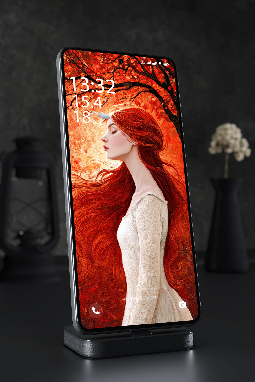 Phone Wallpaper 6157 - Red-Haired Autumn Muse in a Fiery Forest