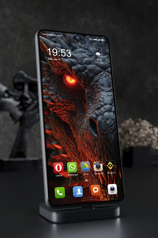 Phone Wallpaper 6172 - Dark Fire Dragon with Glowing Orange Eyes
