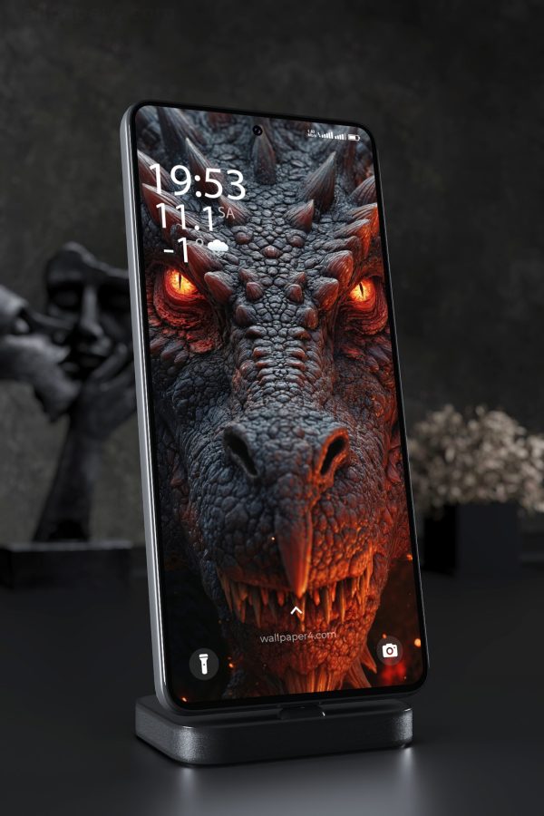 Mobile Wallpaper 6172 - Dark Fire Dragon with Glowing Orange Eyes