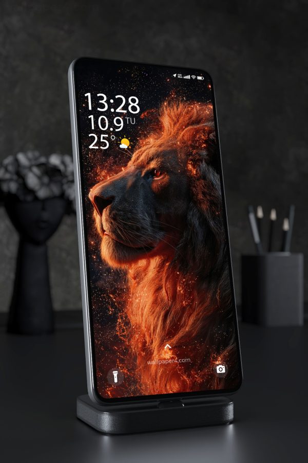 Phone Wallpaper 6176 - Fiery Lion Portrait in the Dark