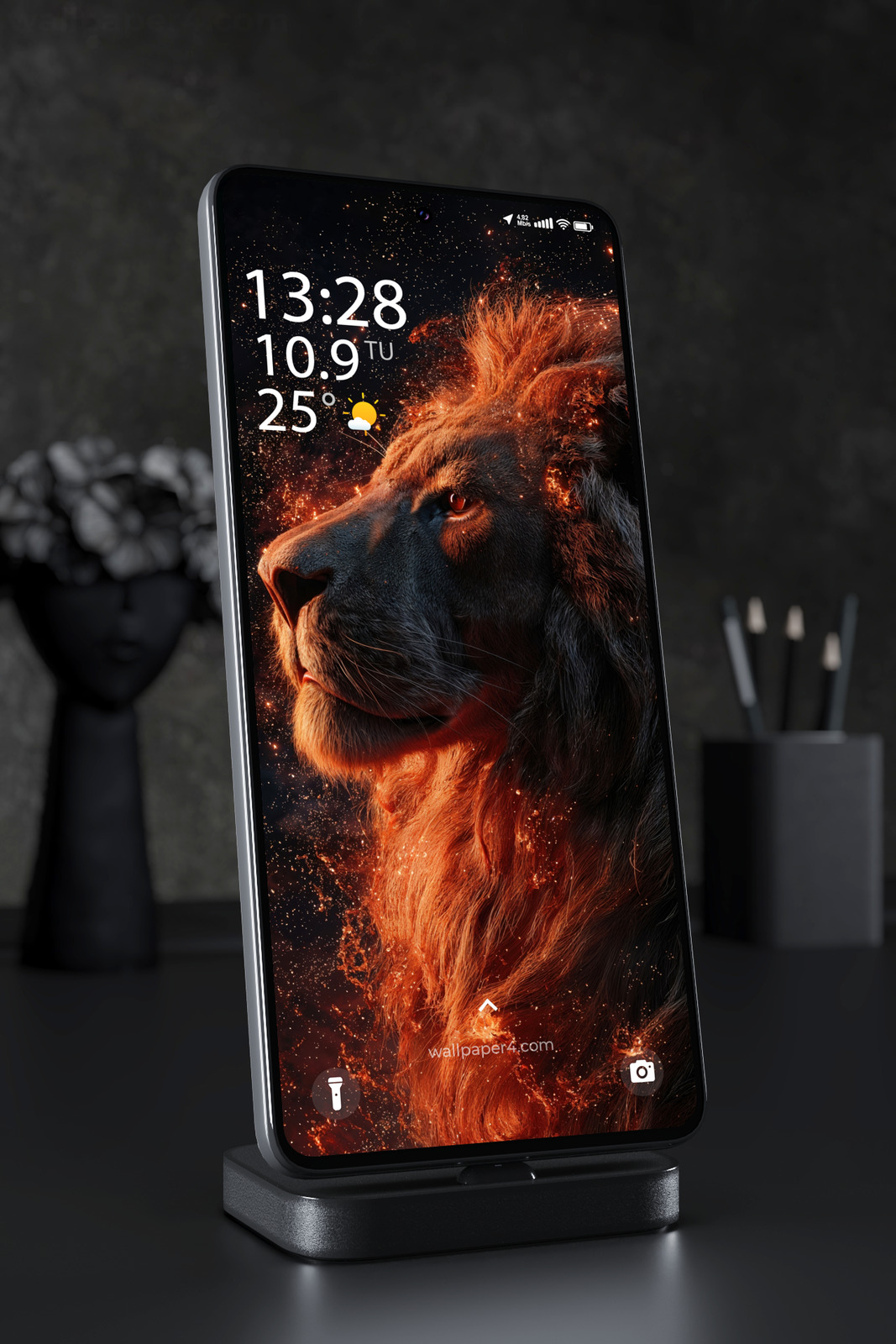 Phone Wallpaper 6176 - Fiery Lion Portrait in the Dark