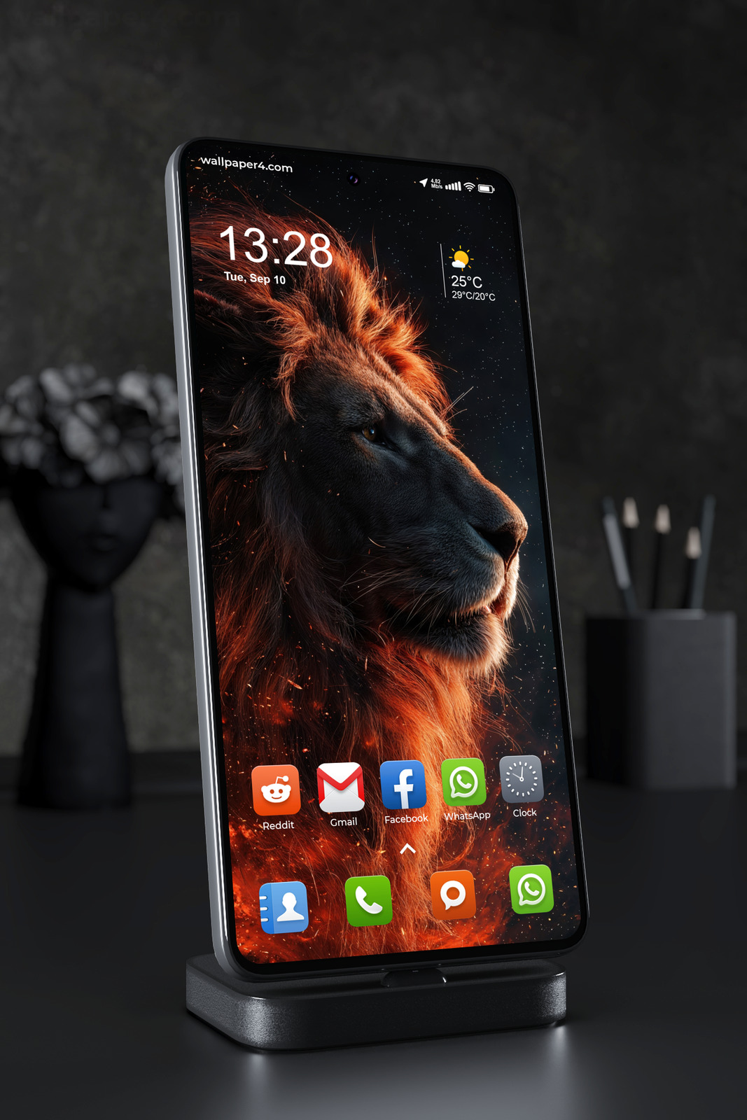 Mobile Wallpaper 6176 - Fiery Lion Portrait in the Dark