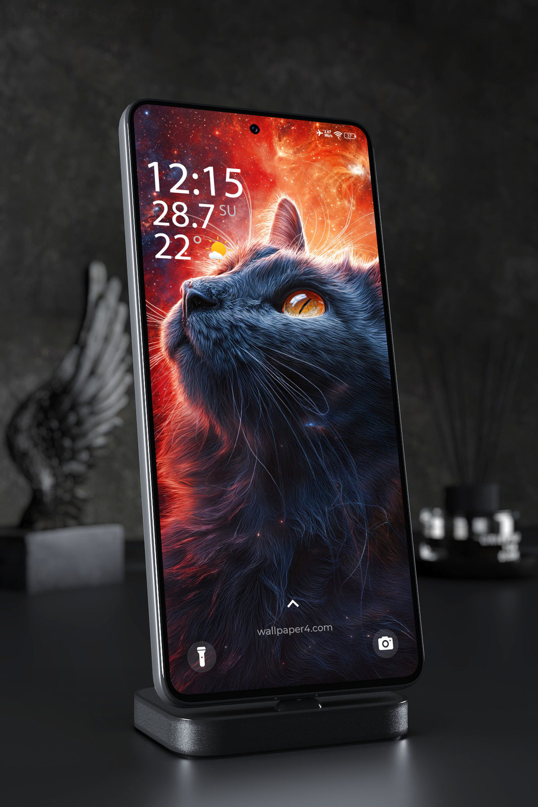 Phone Wallpaper 6181 - Cosmic Black Cat in a Fiery Red Nebula