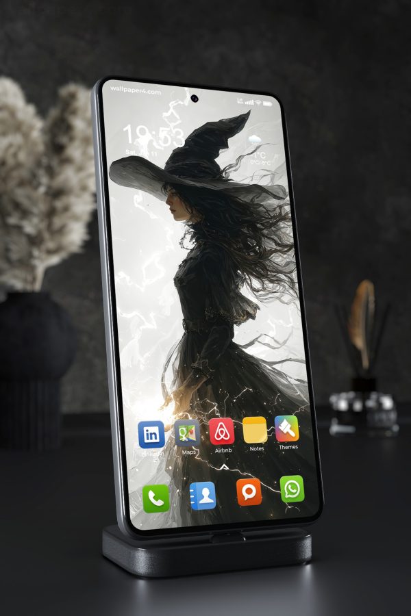 Phone Wallpaper 6189 - Dark Witch with Lightning in Gothic Fantasy
