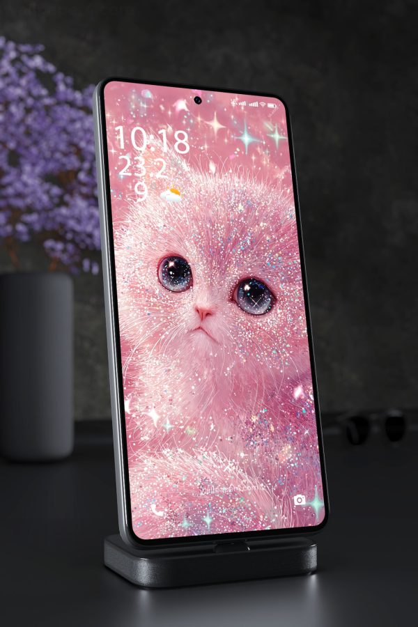 Phone Wallpaper 6194 - Sparkling Pink Kitten with Cosmic Glitter