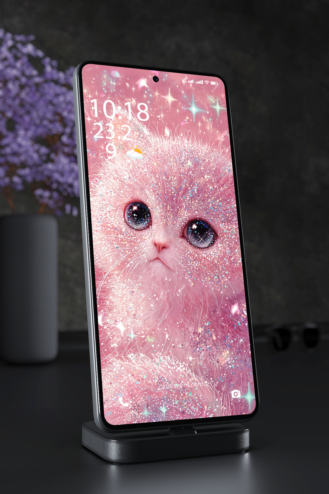 Phone Wallpaper 6194 - Sparkling Pink Kitten with Cosmic Glitter