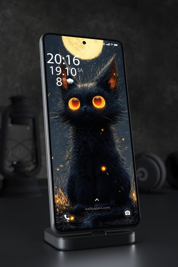 Phone Wallpaper 6205 - Black Cat With Glowing Eyes Under Moonlight