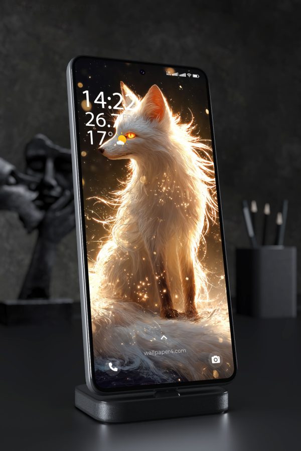 Phone Wallpaper 6214 - Mystical White Fox With Golden Light Aura