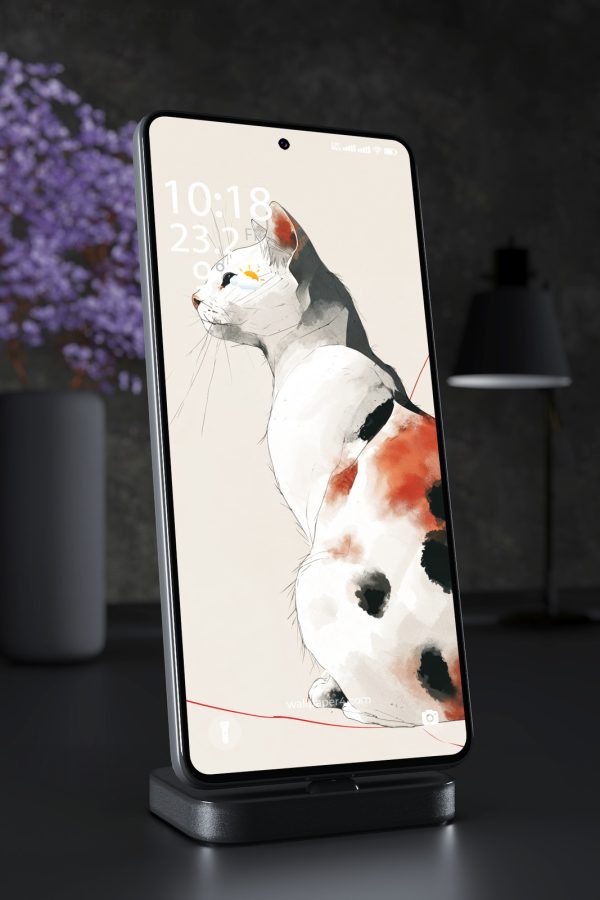 Phone Wallpaper 6236 - Minimalist White Cat Illustration with Red Details