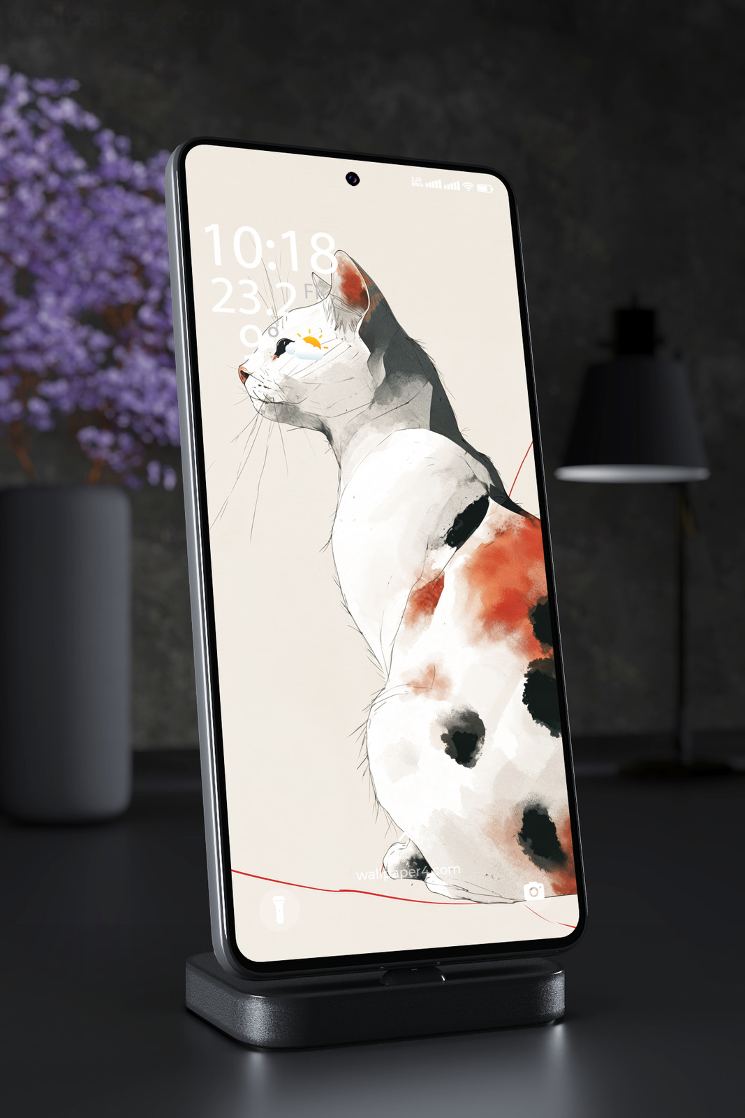 Phone Wallpaper 6236 - Minimalist White Cat Illustration with Red Details