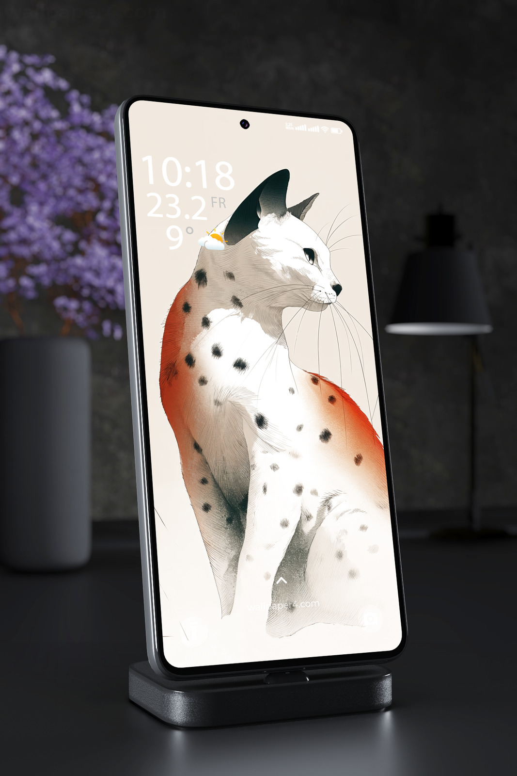 Mobile Wallpaper 6236 - Minimalist White Cat Illustration with Red Details