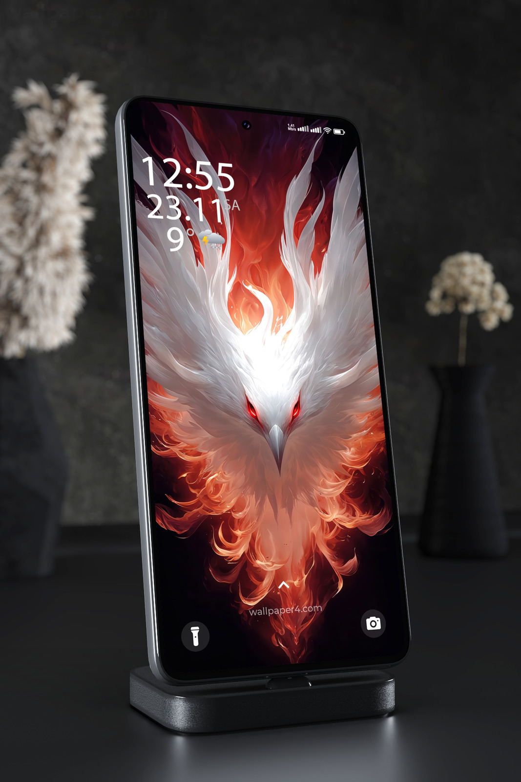 Phone Wallpaper 6243 - Mystical White Phoenix in Flames Art