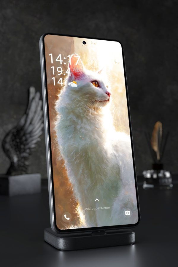 Phone Wallpaper 6272 - White Cat Portrait in Golden Artistic Light