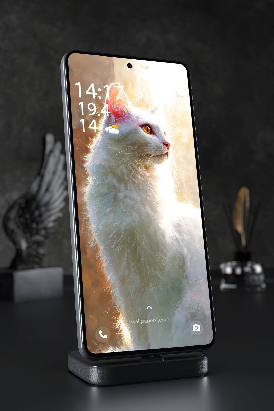 Phone Wallpaper 6272 - White Cat Portrait in Golden Artistic Light