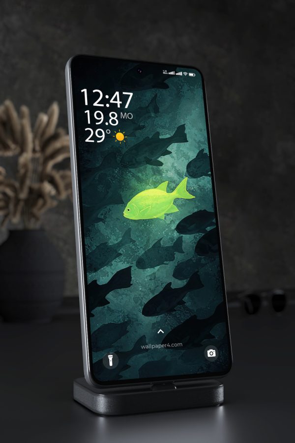 Phone Wallpaper 6277 - Neon Green Fish in Deep Ocean Shadows