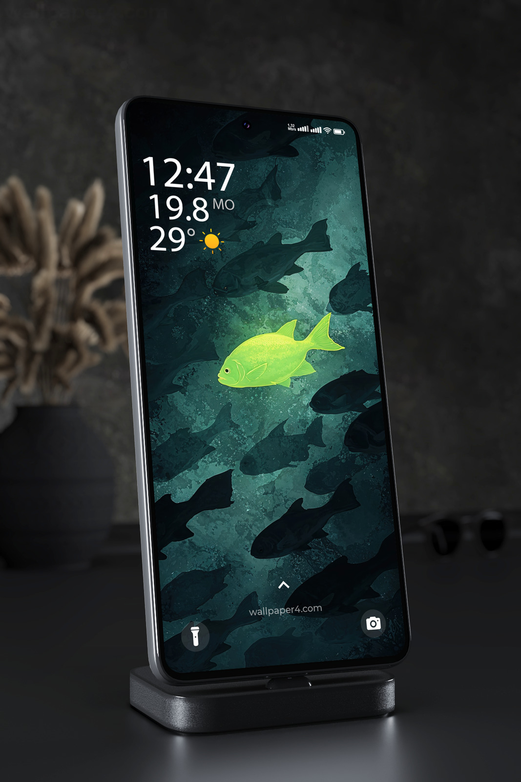 Phone Wallpaper 6277 - Neon Green Fish in Deep Ocean Shadows