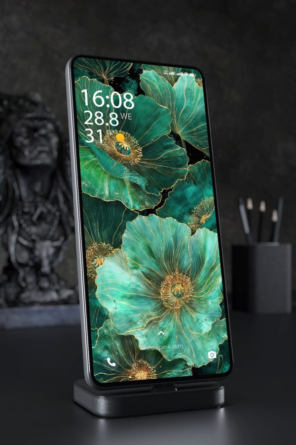 Phone Wallpaper 6306 - Emerald Floral Art with Golden Line Details
