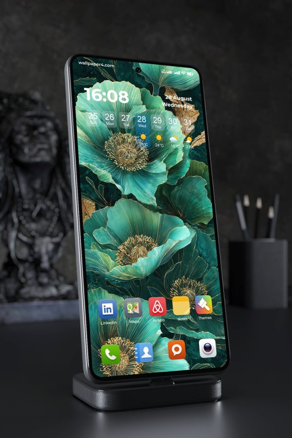 Mobile Wallpaper 6306 - Emerald Floral Art with Golden Line Details