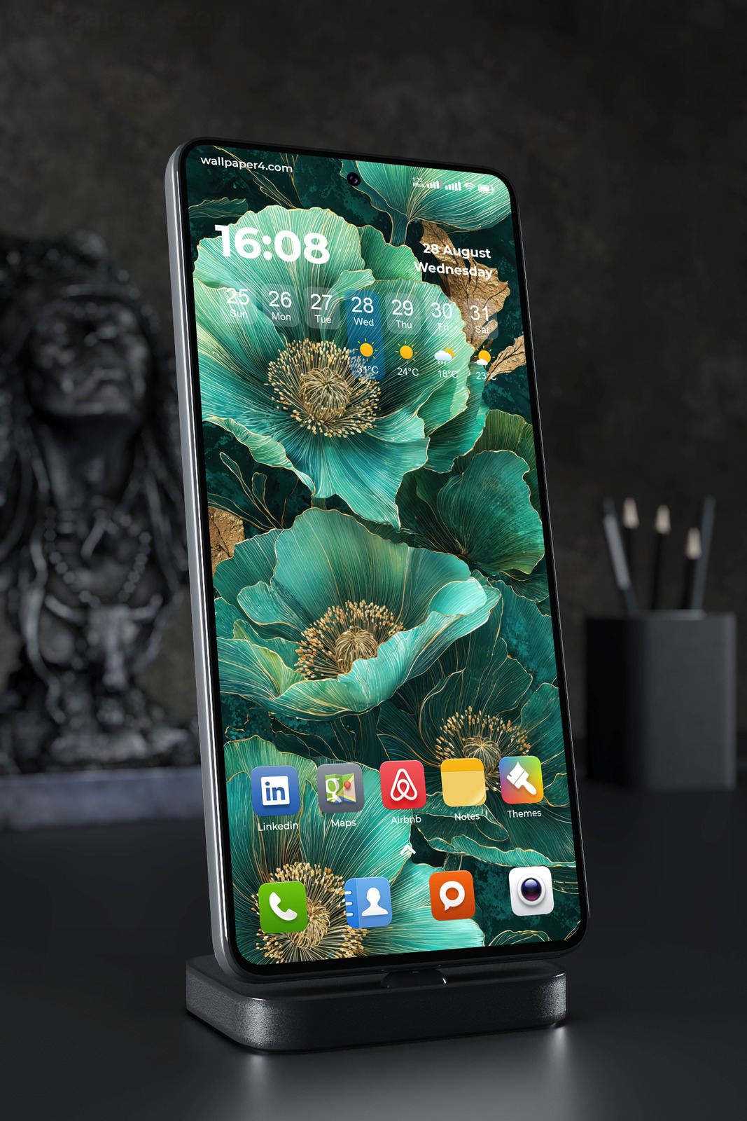 Mobile Wallpaper 6306 - Emerald Floral Art with Golden Line Details