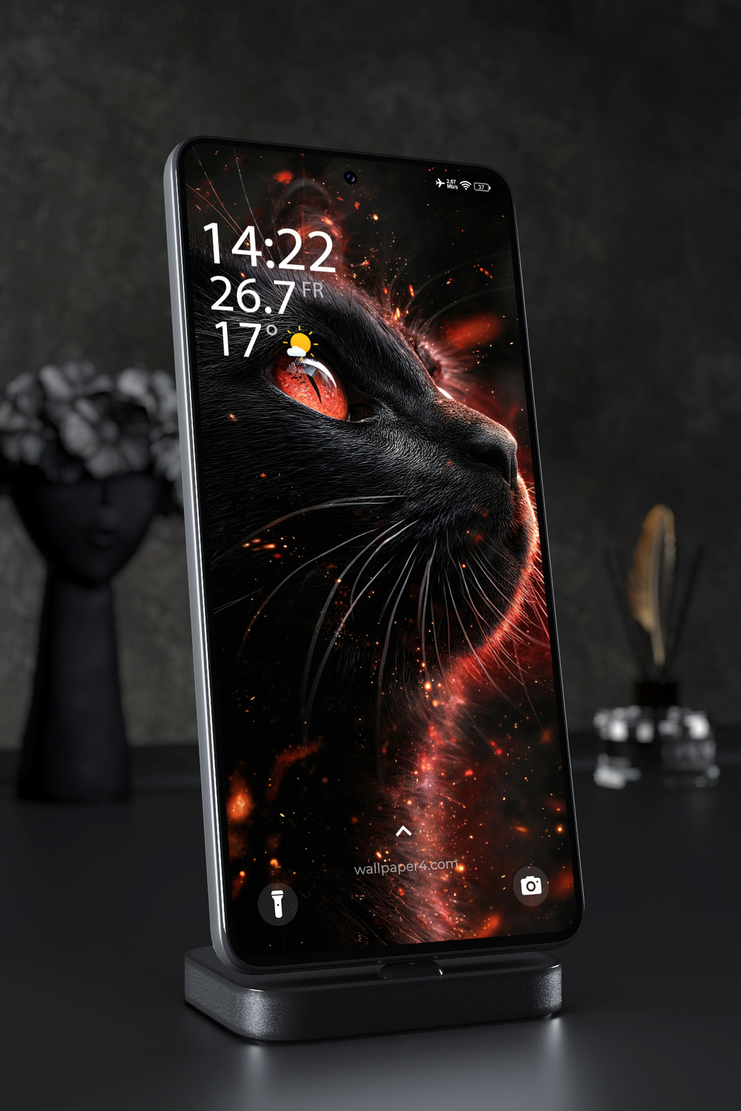Phone Wallpaper 6319 - Black Cat With Fiery Red Eye Portrait
