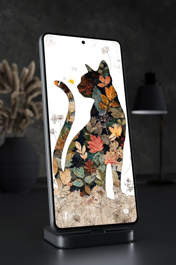Phone Wallpaper 6328 - Elegant Black Cat with Autumn Leaf Art