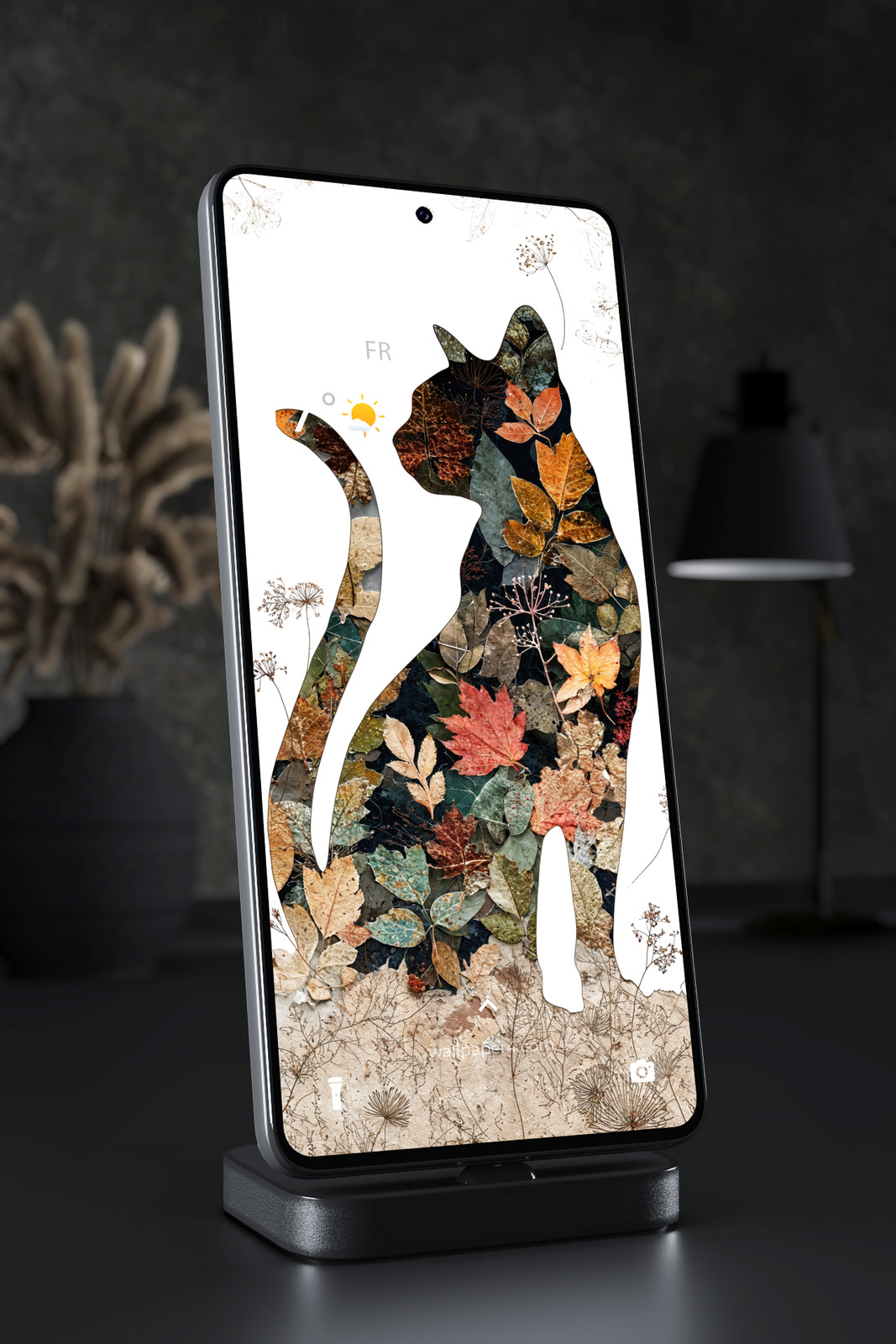 Phone Wallpaper 6328 - Elegant Black Cat with Autumn Leaf Art