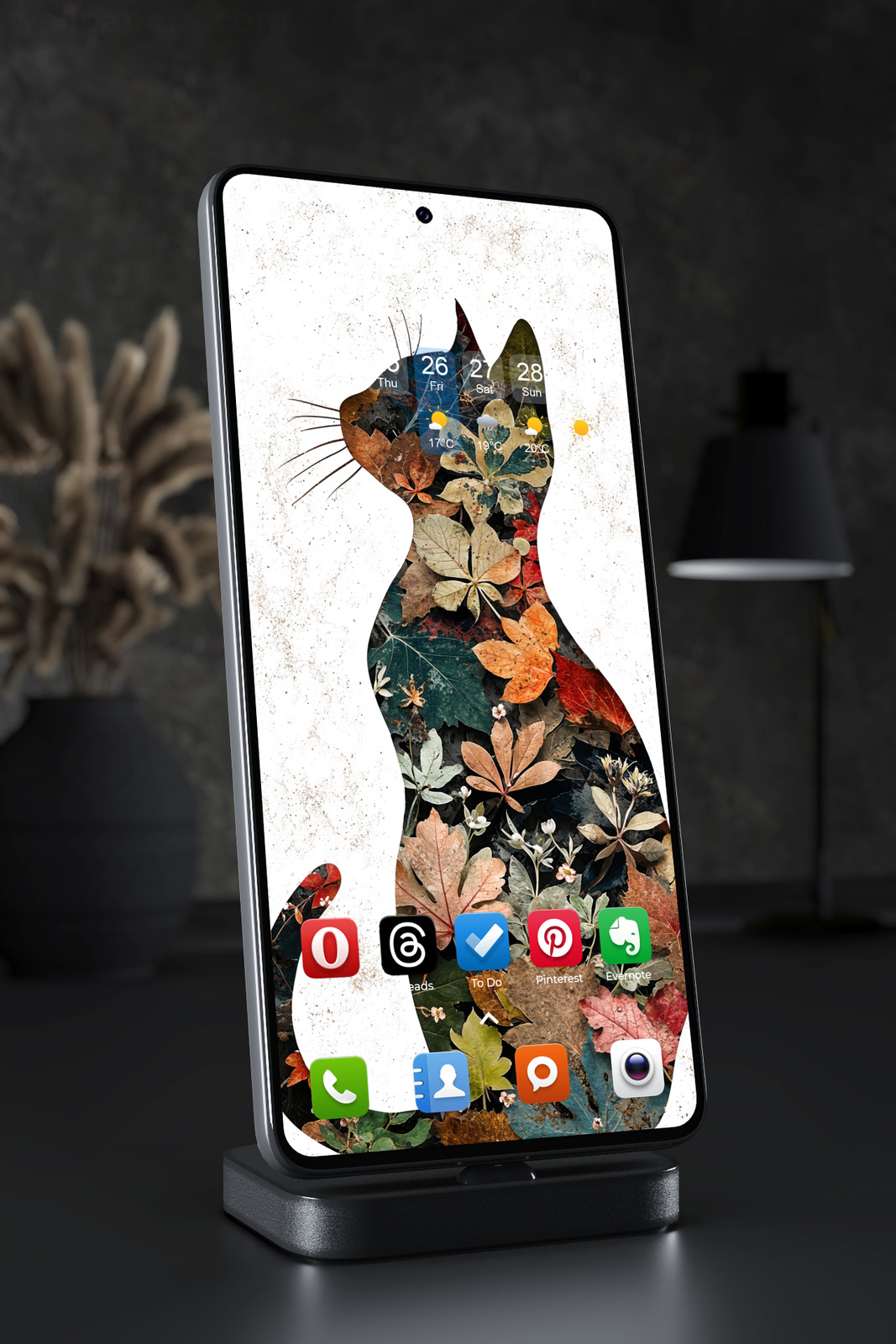 Mobile Wallpaper 6328 - Elegant Black Cat with Autumn Leaf Art