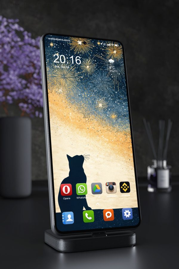 Phone Wallpaper 6337 - Black Cat Under Golden Fireworks Art