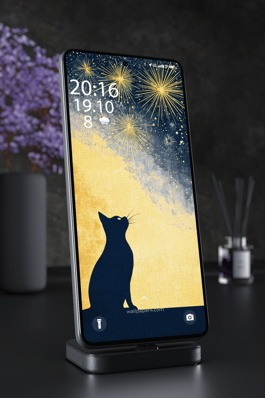 Mobile Wallpaper 6337 - Black Cat Under Golden Fireworks Art