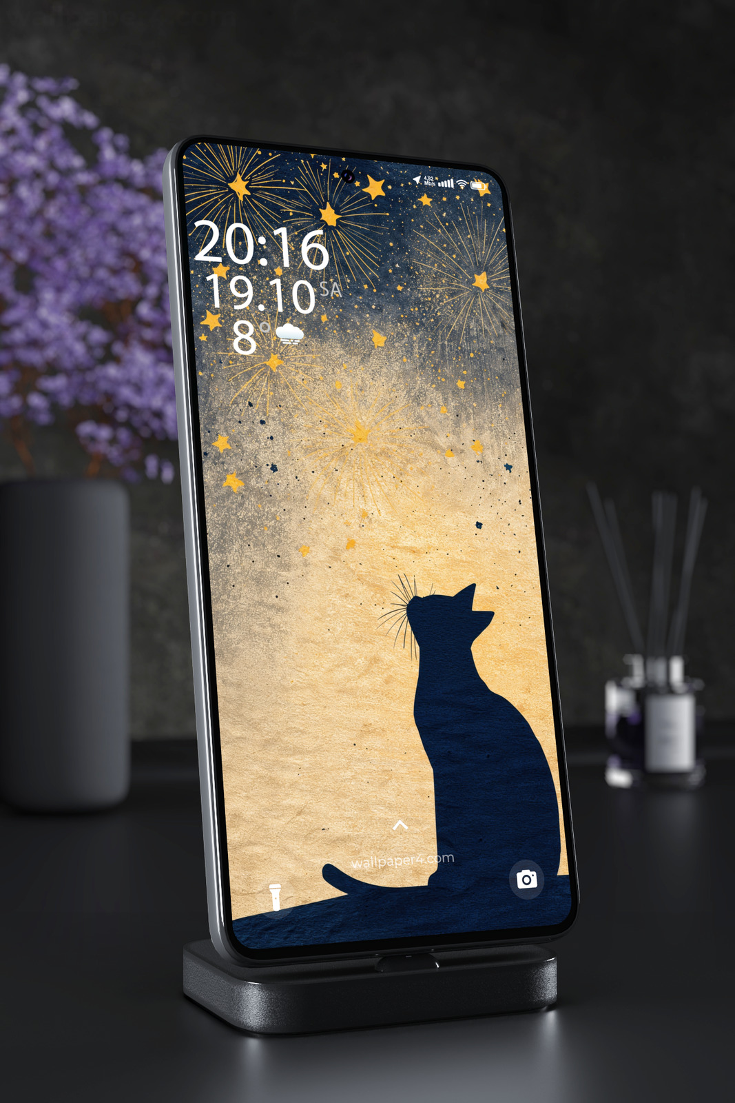 Mobile Wallpaper 6337 - Black Cat Under Golden Fireworks Art