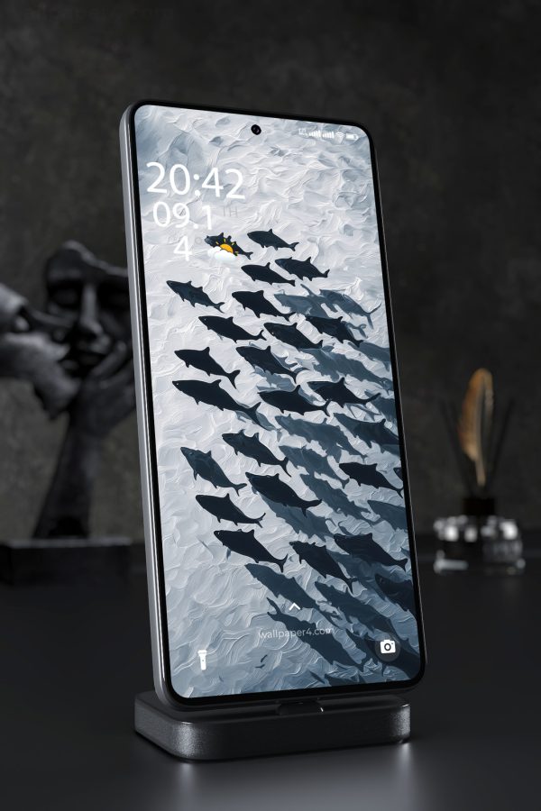 Mobile Wallpaper 6367 - Dark Whale Silhouettes in Ocean Waves