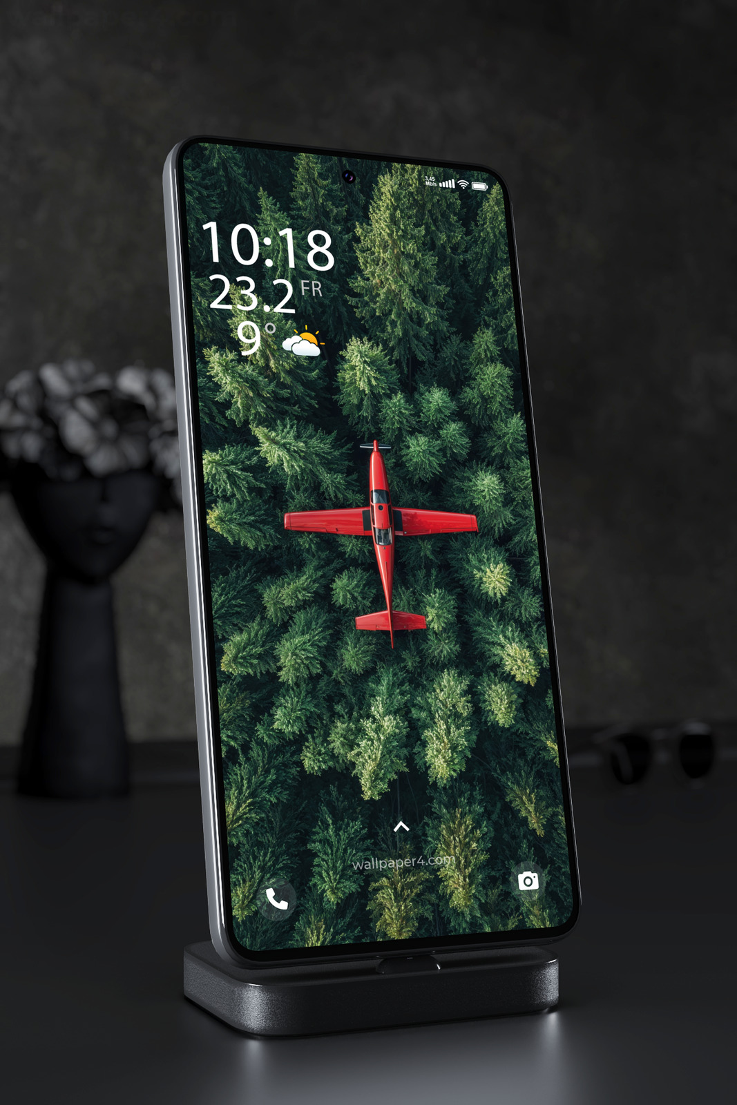 Mobile Wallpaper 6371 - Red Airplane Flying Over Dense Green Forest