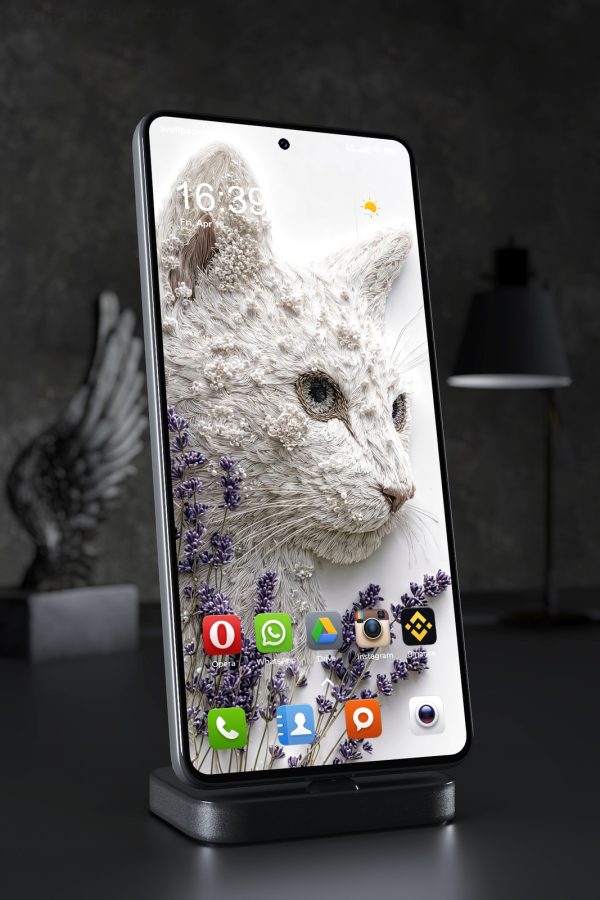 Phone Wallpaper 6376 - Elegant White Cat with Lavender Flowers Art