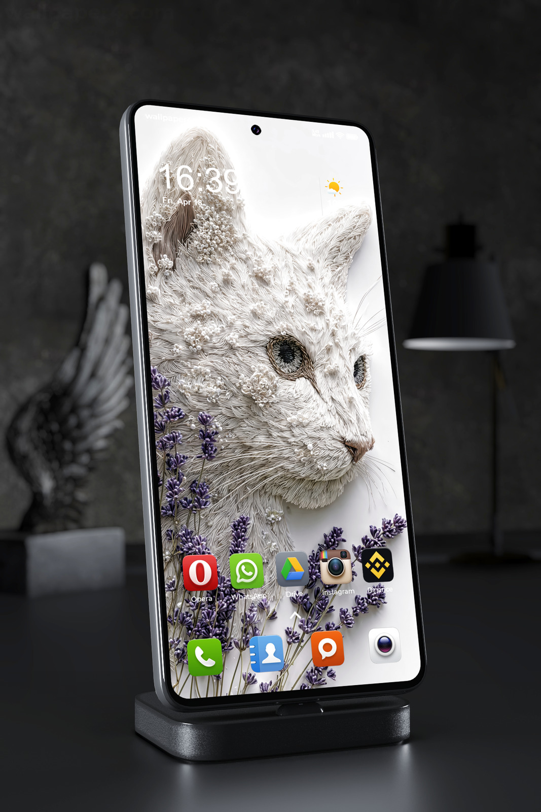 Phone Wallpaper 6376 - Elegant White Cat with Lavender Flowers Art