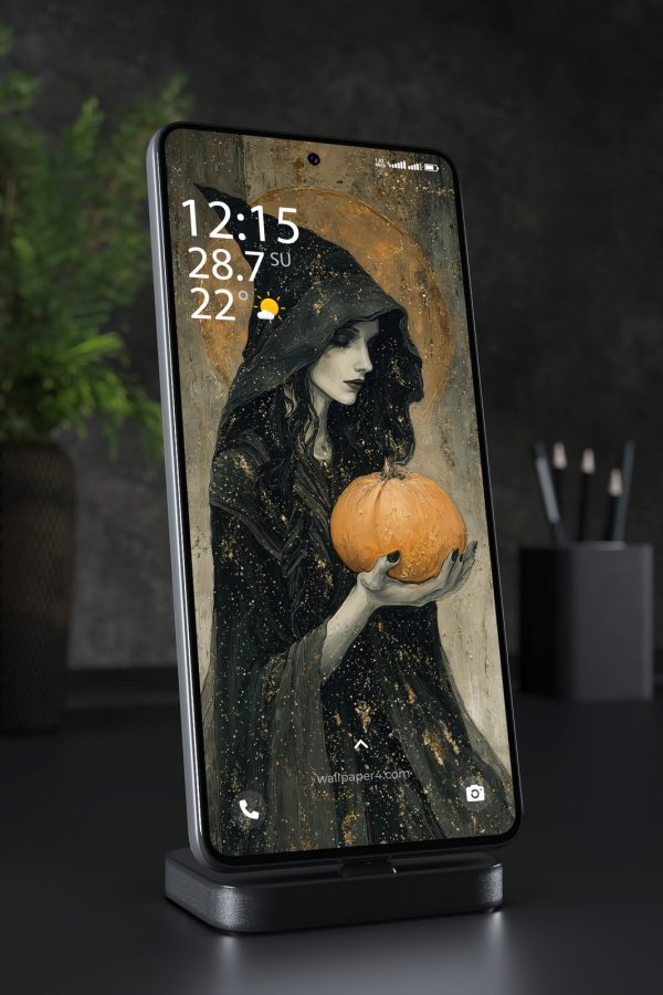 Phone Wallpaper 6400 - Dark Witch Holding Pumpkin Gothic Art