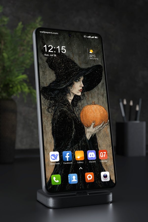 Mobile Wallpaper 6400 - Dark Witch Holding Pumpkin Gothic Art