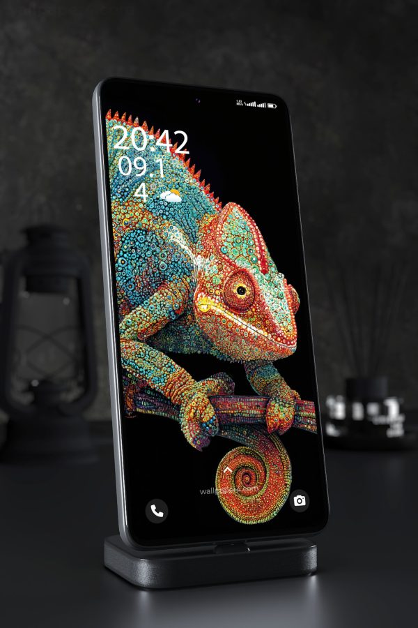 Phone Wallpaper 6405 - Colorful Chameleon Dot Art on Black Background