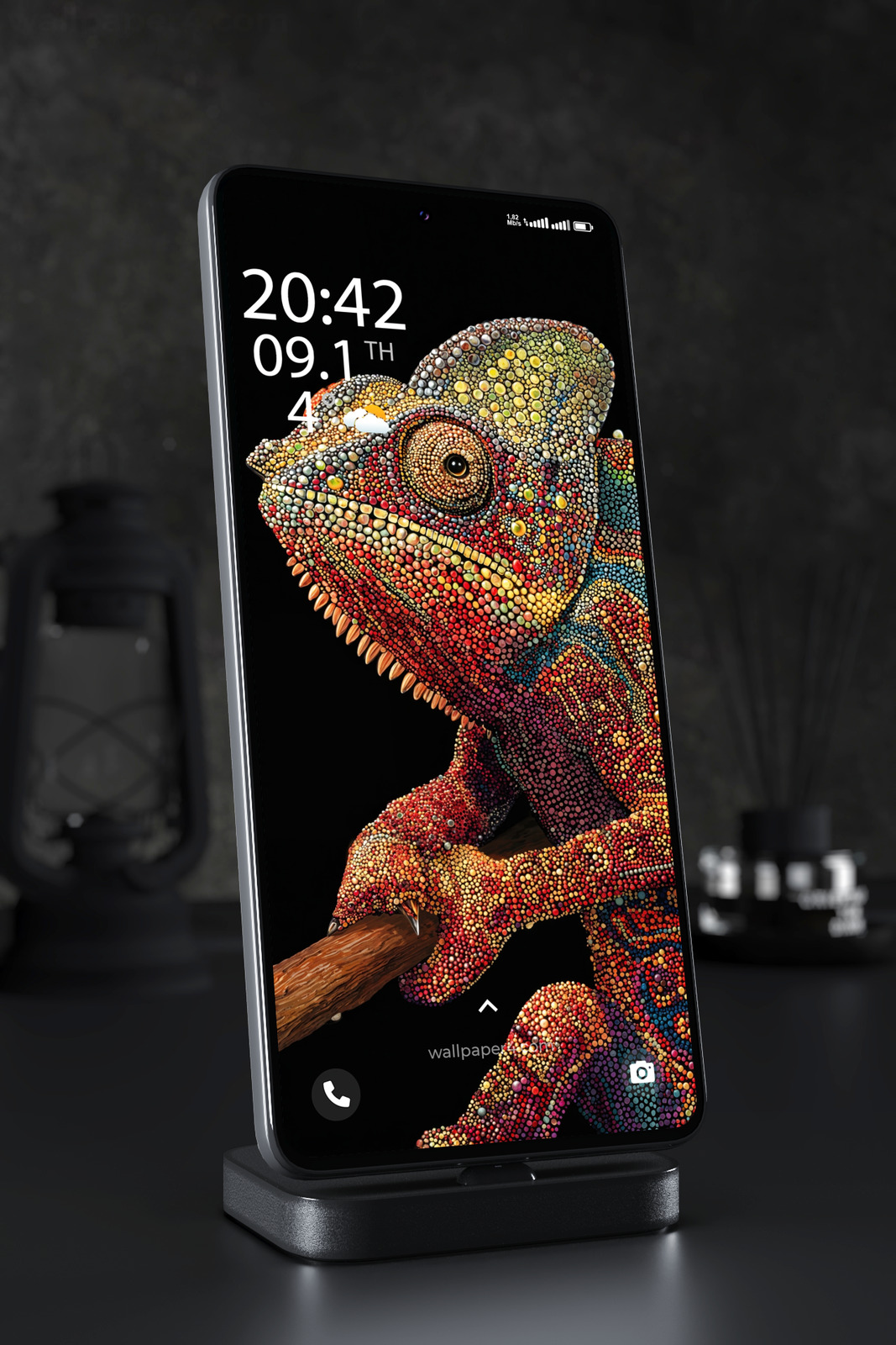 Mobile Wallpaper 6405 - Colorful Chameleon Dot Art on Black Background