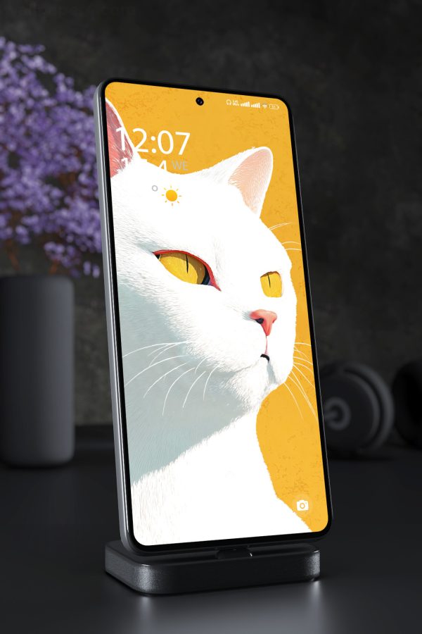 Mobile Wallpaper 6460 - White Cat Portrait with Golden Eyes Art