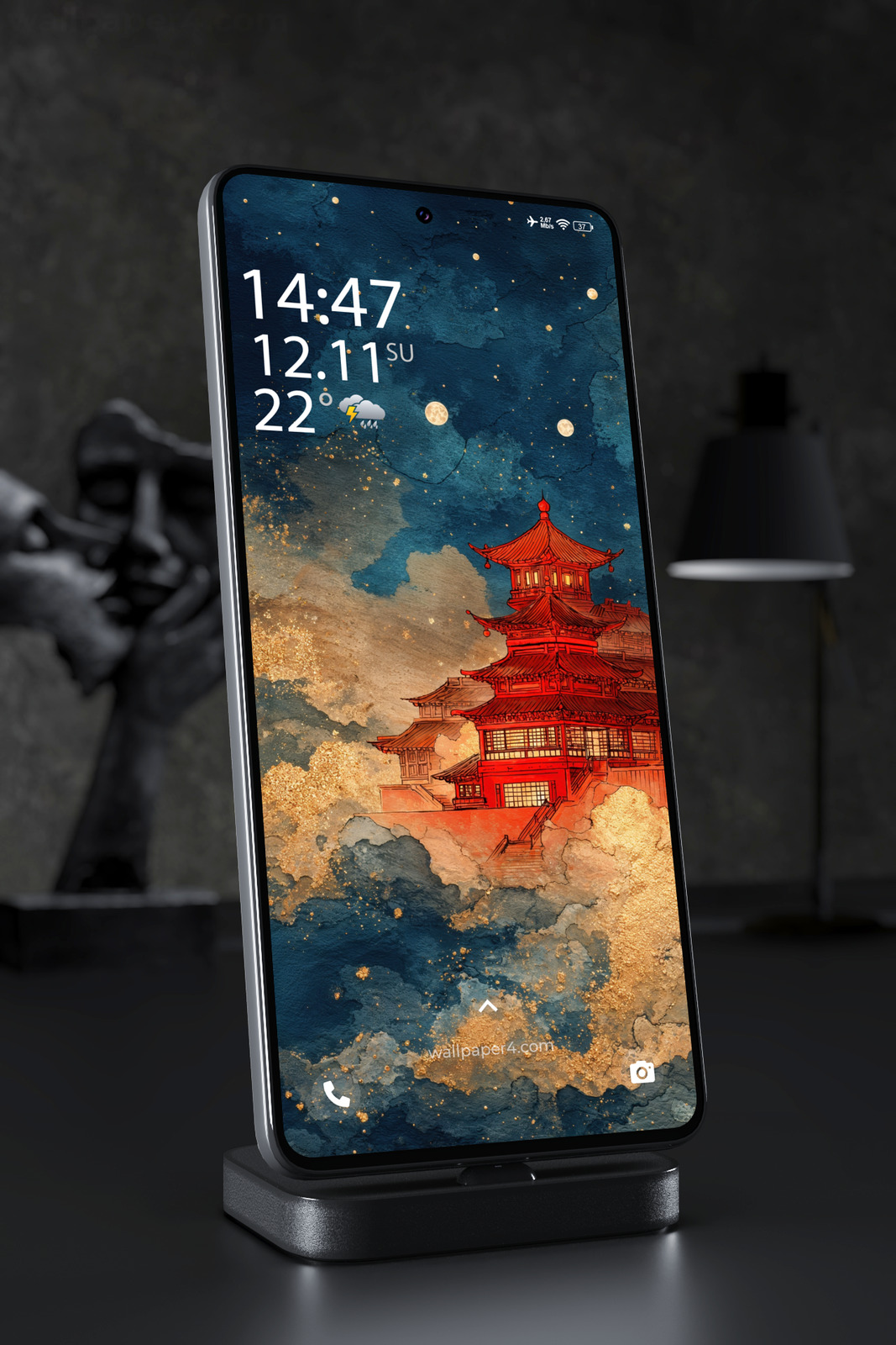 Phone Wallpaper 6490 - Asian Temple Under a Starry Blue Sky